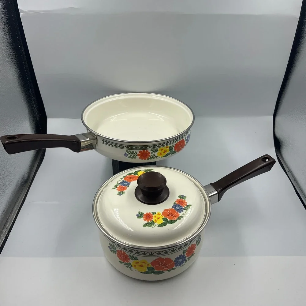 Vintage Villeroy & Boch Alt Amsterdam Floral Enamel Saucepan Skillet Set Cream